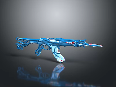 Unique Blue Gun With Flame Like Design And White Red Accents On Black Surface 3d model
