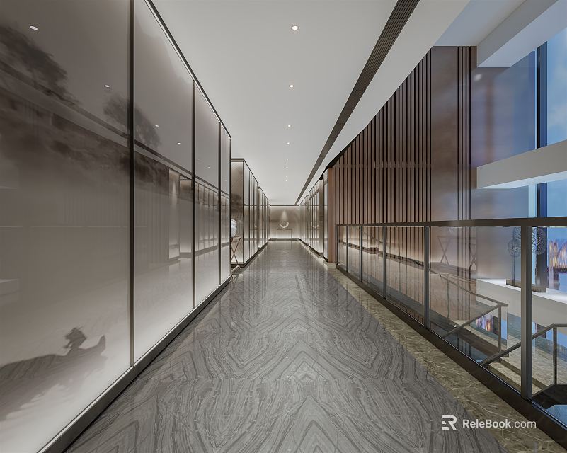 Modern Office Corridor Interior Design With Glass Walls Wooden Slats And Marble Flooring 3d model 