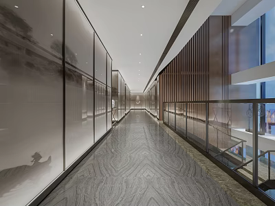 Modern Office Corridor Interior Design With Glass Walls Wooden Slats And Marble Flooring 3d model