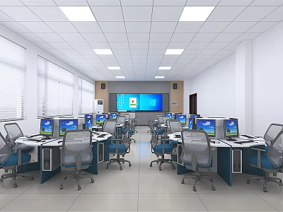 Modern School Computer Lab Classroom With Rows Of Desks Computers And Interactive Screen 3d model