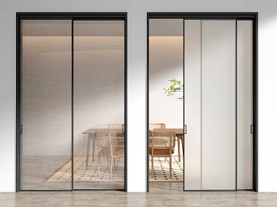 Modern Interior Sliding Doors With Glass And Screen Panels Dining Table And Wooden Chairs 3d model