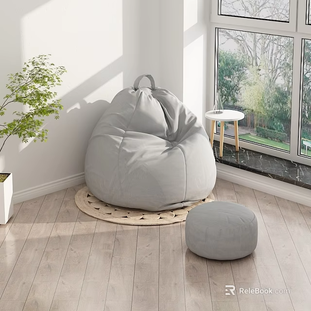 Cozy Gray Bean Bag Chair With Ottoman By Window On Wooden Floor With Green Plant 3d model 