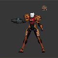 Sci Fi Game and Movie Character in Orange Red Armor Holding Weapon with Floating Sphere