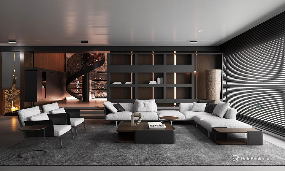 Modern Living Room With L Shaped Sofa Built In Bookshelves Spiral Staircase And Area Rug 3d model 