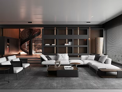 Modern Living Room With L Shaped Sofa Built In Bookshelves Spiral Staircase And Area Rug 3d model