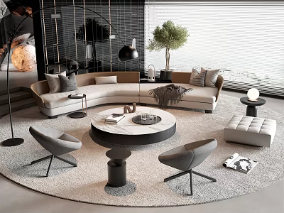 Modern Living Room Sofa Coffee Table Set With Round Marble Top And Accent Chairs 3d model