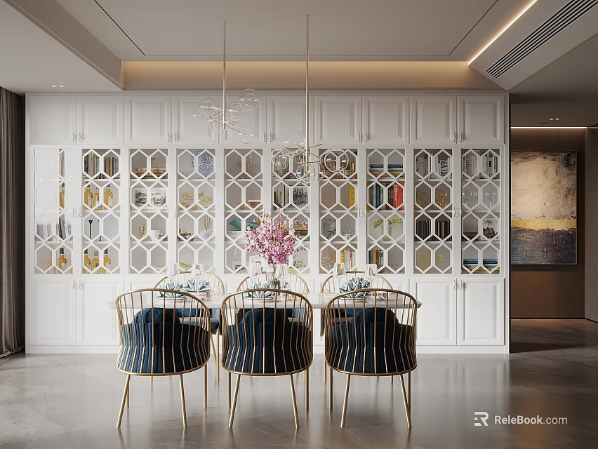 Elegant Restaurant Interior With White Geometric Wall Gold Pendant Lights Blue Chairs And Pink Flowers 3d model 