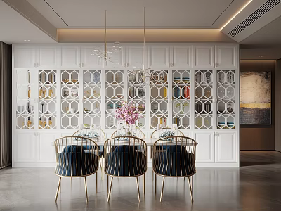 Elegant Restaurant Interior With White Geometric Wall Gold Pendant Lights Blue Chairs And Pink Flowers 3d model