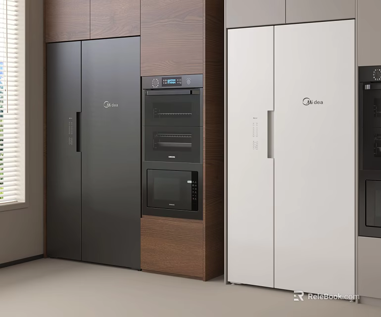 Modern Kitchen Interior With Black And White Double Door Refrigerators And Cabinets 3d model 