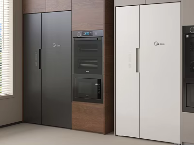 Modern Kitchen Interior With Black And White Double Door Refrigerators And Cabinets 3d model
