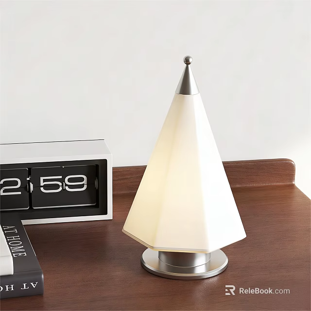 Cone Shaped Table Lamp With White Shade Metal Base And Flip Clock On Wooden Tabletop 3d model 