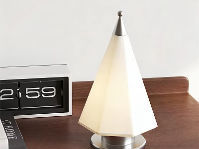 Cone Shaped Table Lamp With White Shade Metal Base And Flip Clock On Wooden Tabletop 3d model
