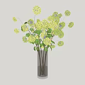 Yellow Hydrangea Flowers in Tall Clear Glass Vase with Fresh Green Leaves