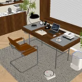 Modern Retro Study Middle Style Desk and Chair Combination Home Office Desk Leisure Chair Desktop Office Accessories Bookcase Books Computer Desk Lamp Carpet Potted Plant Combination 3d model