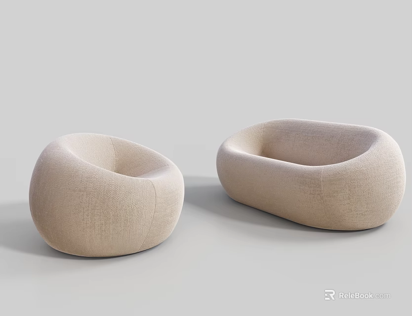 Beige Fabric Sofa Set With Rounded Design For Modern Minimalist Living Room 3d model 
