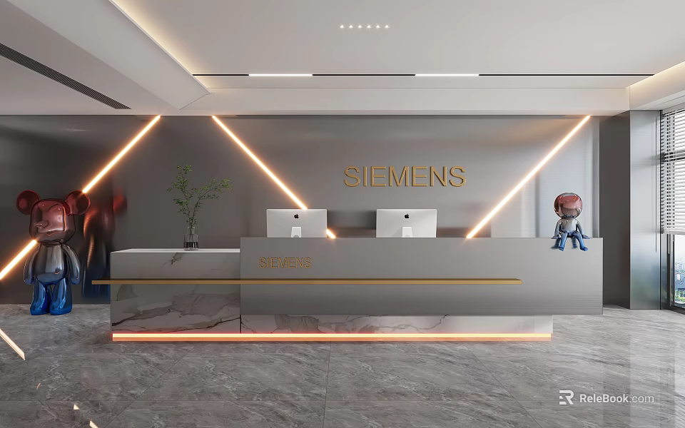 SIEMENS Modern Reception Desk With Marble Countertop Lighting Decor And Green Plant 3d model 