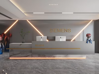 SIEMENS Modern Reception Desk With Marble Countertop Lighting Decor And Green Plant 3d model