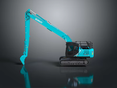 Blue KOBELCO Excavator With Tracks And Extended Digging Arm On Dark Background 3d model
