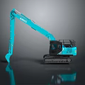 Blue KOBELCO Excavator With Tracks And Extended Digging Arm On Dark Background