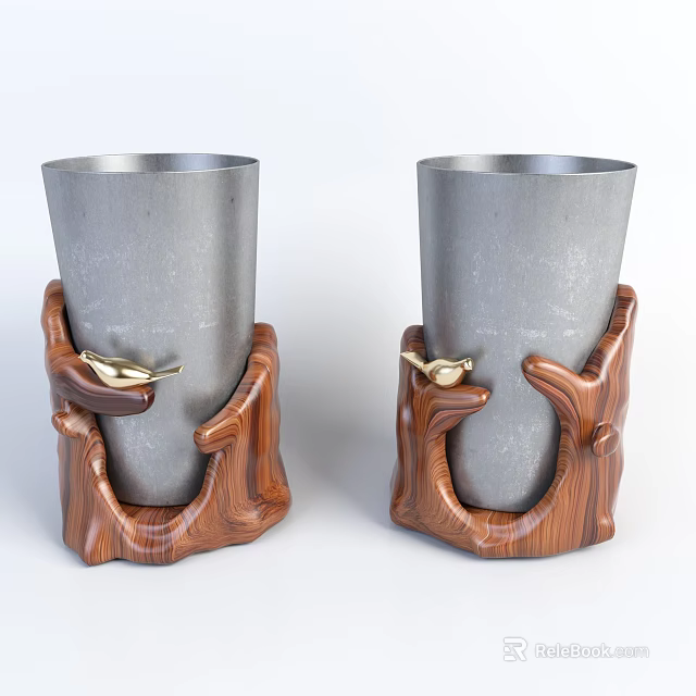 Elegant Metal Cups With Wooden Handles And Golden Bird Accents 3d model 