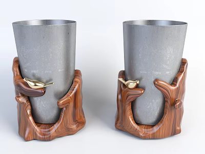 Elegant Metal Cups With Wooden Handles And Golden Bird Accents 3d model