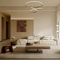 Modern Living Room Interior With Circular Pendant Lights TV Stand Coffee Table And Armchair