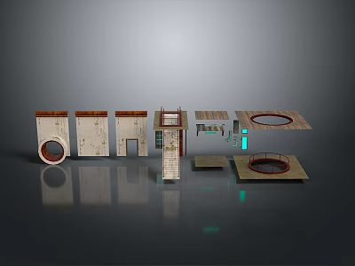 Modern 3D Architectural Modules With Circular Openings Green Lights And Platform Steps 3d model