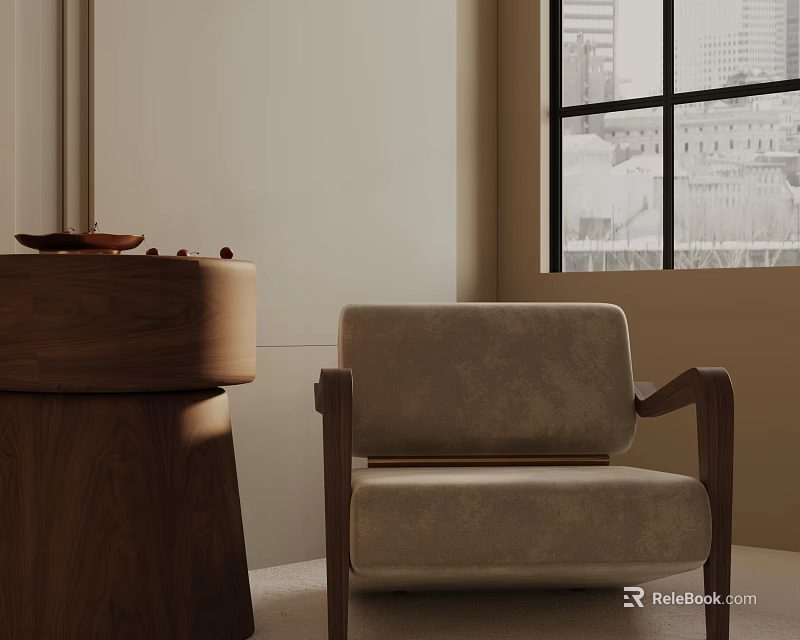 Beige Upholstered Leisure Chair With Wooden Armrests And Walnut Side Table In Modern Interior 3d model 