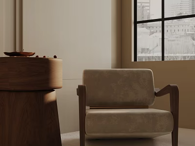 Beige Upholstered Leisure Chair With Wooden Armrests And Walnut Side Table In Modern Interior 3d model