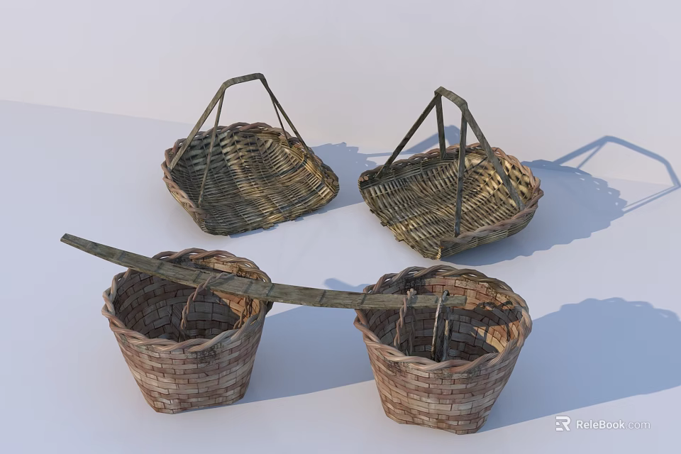 Decorative Ornament Set Featuring Woven Baskets with Handles and Various Shapes 3d model 