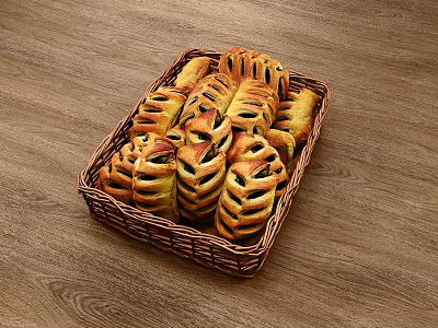 Fresh Homemade Twisted Bread Loaves in Wicker Basket on Wooden Table 3d model