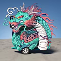 Artistic Vehicle Decorated With Vibrant Green Red Dragon Design On Gray Ground