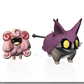 3D Animated Cartoon Characters With Pink Curly Hair Sunglasses Purple Body Pointed Ears Yellow Eyes