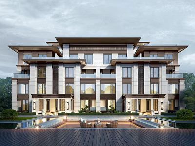 Modern Semi detached Villa Exterior With Symmetric Design And Water Feature 3d model