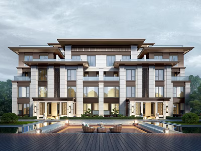 Modern Semi detached Villa Exterior With Symmetric Design And Water Feature 3d model