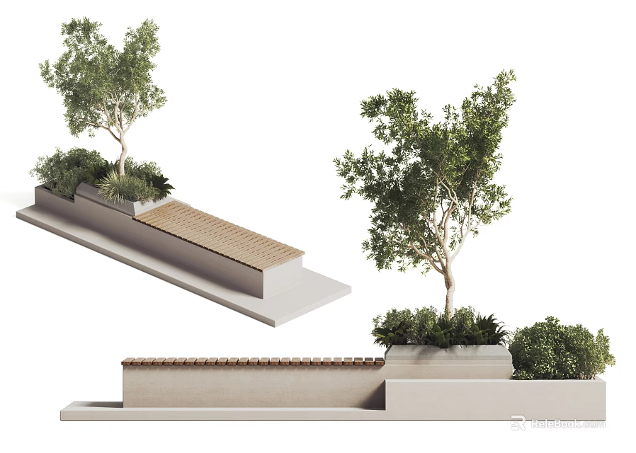 Stylish Wooden Outdoor Chair Surrounded By Green Trees And Plants In Garden 3d model 