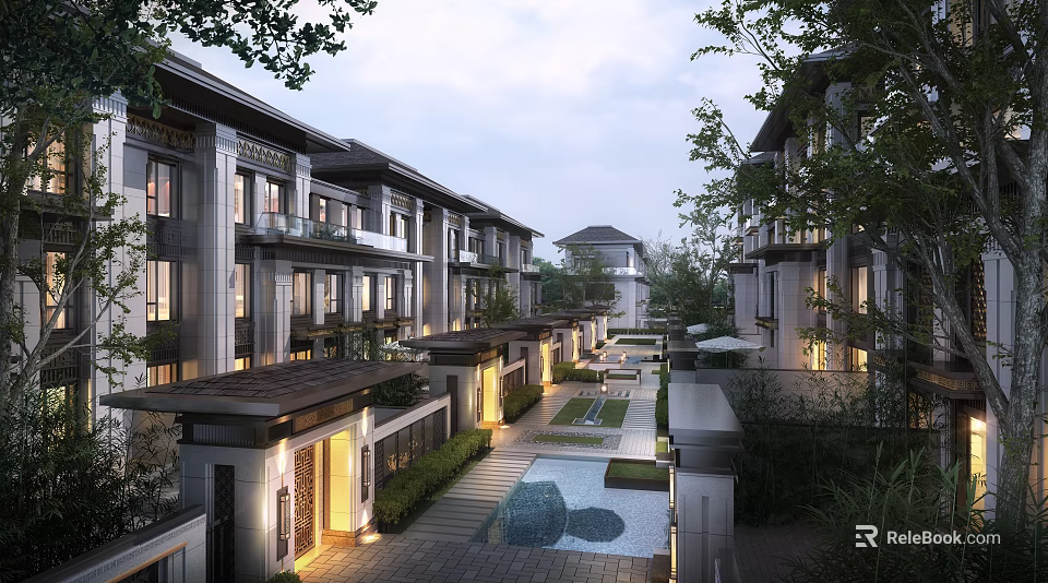 Modern Townhouse Exterior With Landscaped Courtyard Pathway Greenery And Water Feature 3d model 