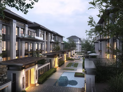 Modern Townhouse Exterior With Landscaped Courtyard Pathway Greenery And Water Feature 3d model