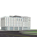 Modern White Multi Storey Office Building With Glass Curtain Walls Front Road Trees And Sidewalk