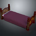 Classic Red Carved Single Bed Design With Purple Striped Mattress