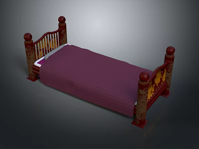 Classic Red Carved Single Bed Design With Purple Striped Mattress 3d model