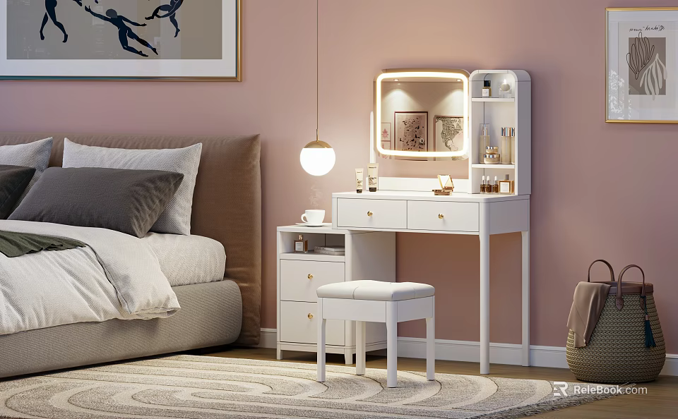White Dressing Table With Mirror And Stool In Bedroom With Bed And Rug 3d model 