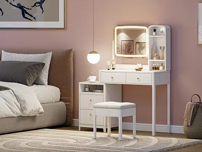 White Dressing Table With Mirror And Stool In Bedroom With Bed And Rug 3d model
