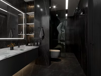 Luxury Dark Marble Modern Bathroom Interior Design With Backlit Mirror And Complete Sanitary Fixtures 3d model