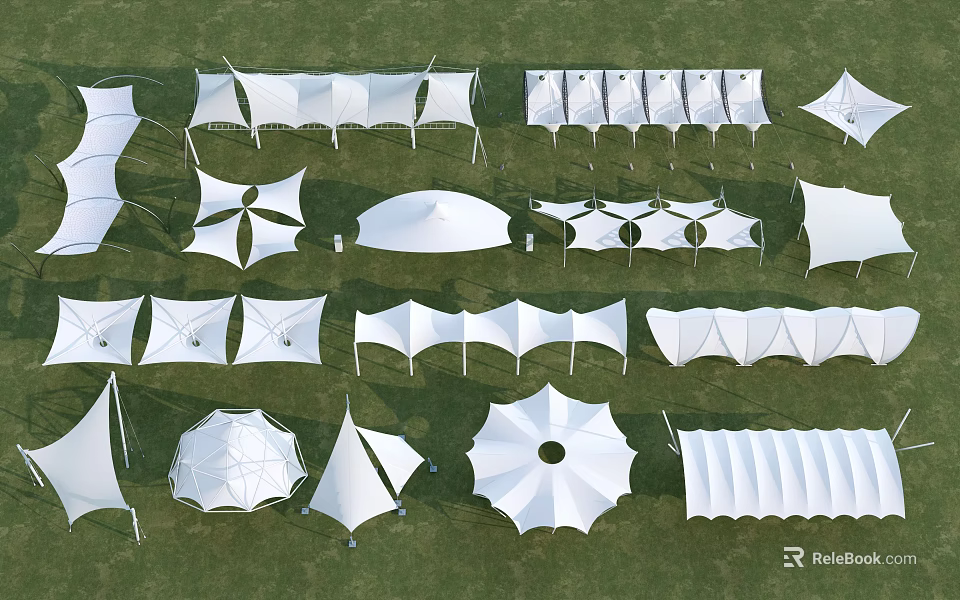 Tensile Membrane Structures with Various Designs and Shapes for Outdoor Grass 3d model 
