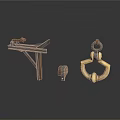 Vintage Scene Components With Wooden Bracket Metal Ring And Small Wheel