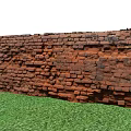 Ancient Weathered Scenic Wall with Orange Gray Bricks in Green Grass Field and Blue Sky