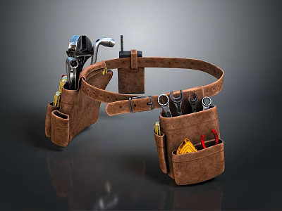 Durable Brown Leather Utility Tool Belt With Multiple Pockets Holding Wrenches And Screwdrivers 3d model