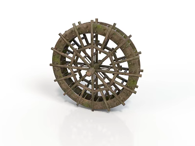 Antique Wooden Waterwheel With Moss Covered Spokes And Rustic Design Elements 3d model