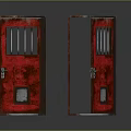 Two Red Doors With Metal Bars One Closed And One Open With Small Panel 3d model